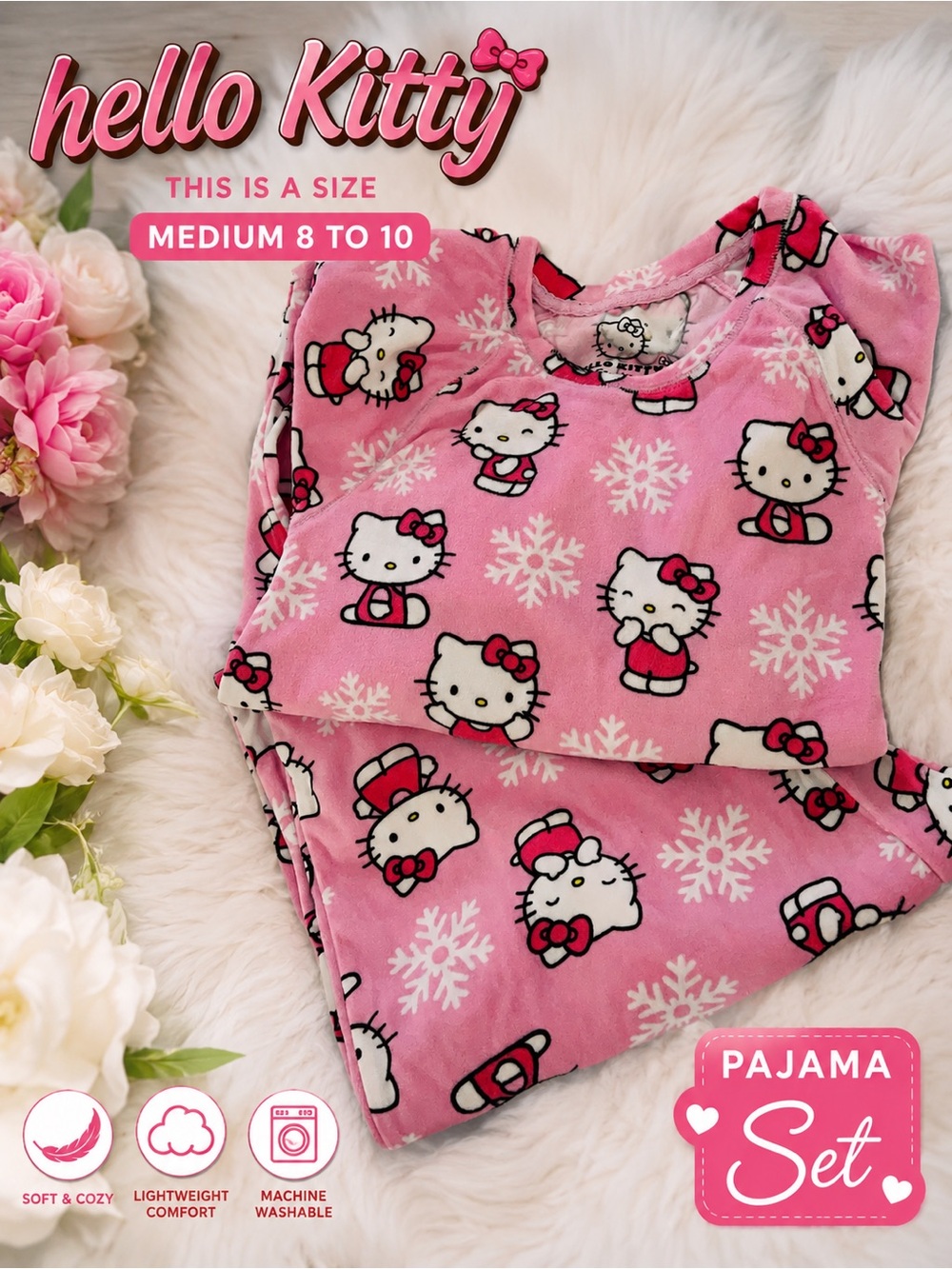 Hello Kitty Sanrio | Women’s Pink Snowflake Plush 2-pc Pajama Set